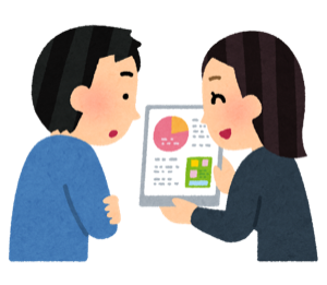 タブレットで説明する人のイラスト